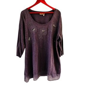 LOGO Lori Goldstein Beaded Floral Tunic Top Womens 2X Purple 3/4 Sleeve